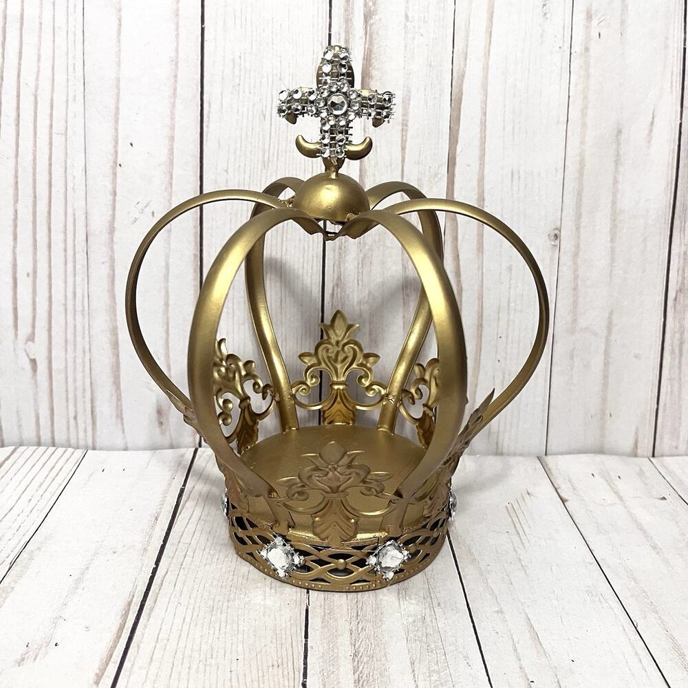 Gold Metal Crown Cake Topper Lightweight Fleur De Lis Rhinestone Design 8.5"